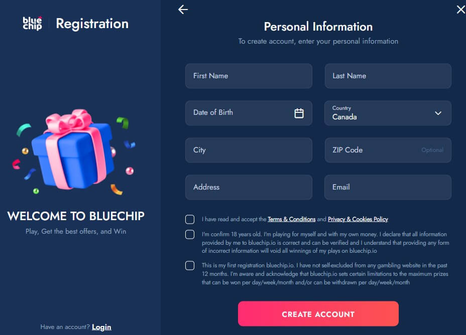 Bluechip Casino Canada Registration details